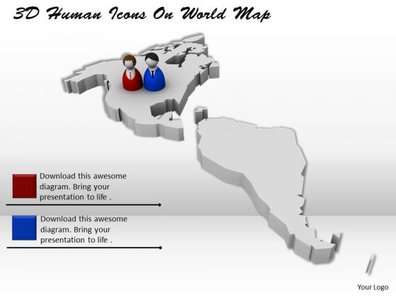 Stock Photo 3d Human Icons On World Map PowerPoint Slide