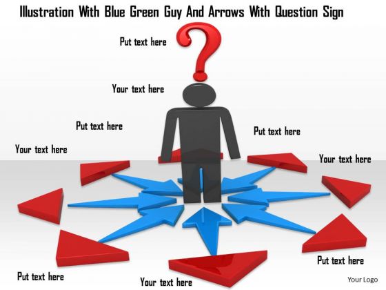 Stock Photo 3d Man Standing In Arrows With Question Mark PowerPoint Slide
