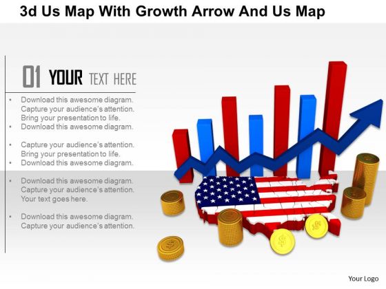 Stock Photo 3d Us Map With Growth Arrow And Us Map PowerPoint Slide