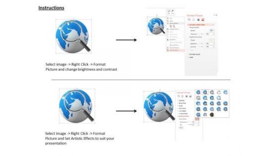 Stock Photo Blue Color Globe With Magnifying Glass PowerPoint Slide