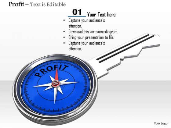 Stock Photo Blue Compass Key Of Profit PowerPoint Slide
