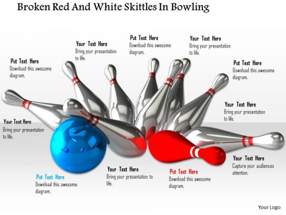 Stock Photo Bowling Ball Hitting Red And Silver Pins PowerPoint Slide