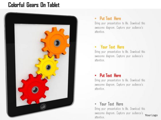 Stock Photo Colorful Gears On Tablet PowerPoint Slide