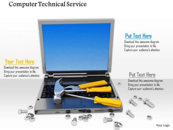 Stock Photo Computer Service Tools Laptop Technical Repair Bolts PowerPoint Slide
