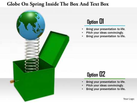Stock Photo Globe On Spring Inside The Box And Text Box PowerPoint Slide