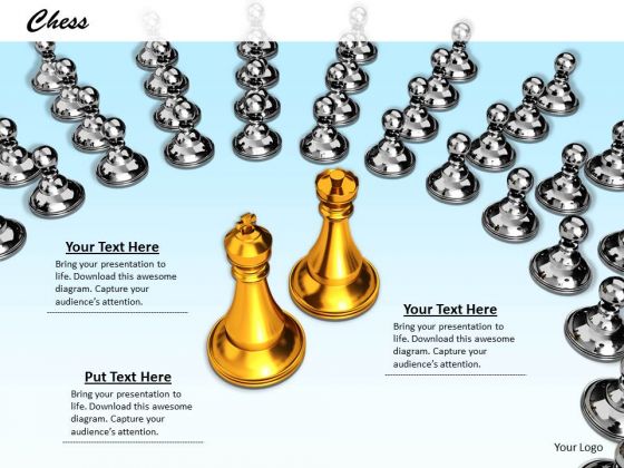Stock Photo Golden Chess King Queen With Sliver Pawns PowerPoint Slide