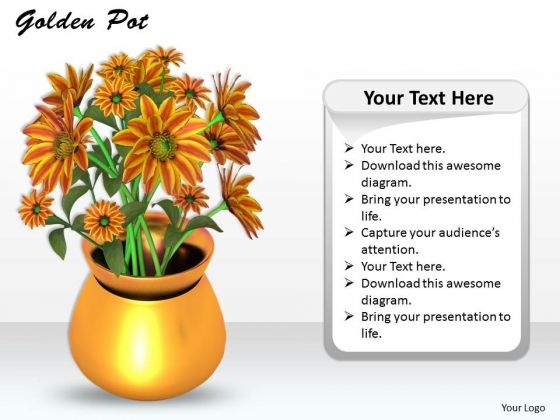 Stock Photo Golden Pot With Flowers On White Background PowerPoint Slide