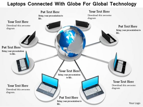Stock Photo Laptops Connected With Globe For Global Technology Image Graphics For PowerPoint Slide