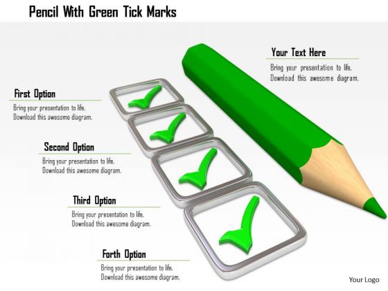 Stock Photo Pencil With Green Tick Marks PowerPoint Slide