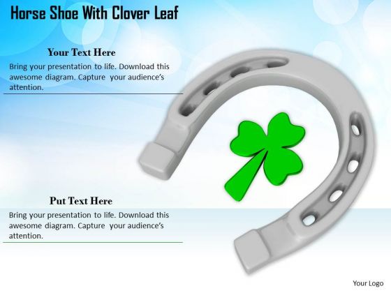 Stock Photo Silver Horse Shoe With Clover Leaf PowerPoint Slide