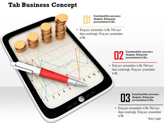Stock Photo Tab With Coins Graph And Pen PowerPoint Slide