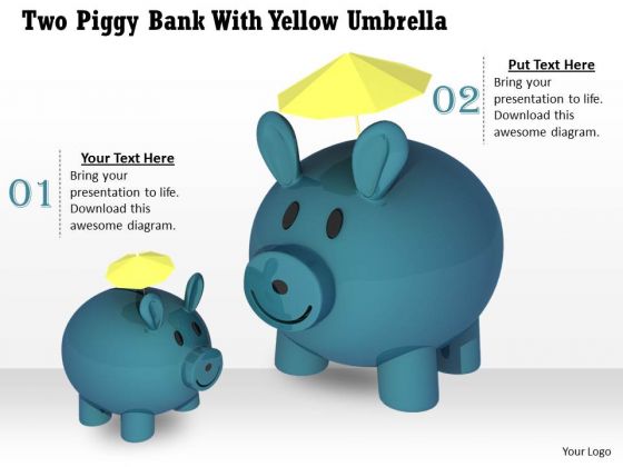 Stock Photo Two Piggy Banks With Yellow Umbrellas PowerPoint Slide