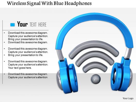 Stock Photo Wireless Signal With Blue Headphones PowerPoint Slide