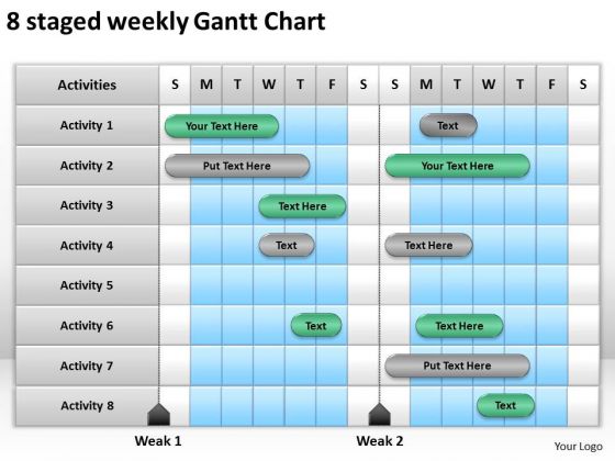 Strategy PowerPoint Template 8 Staged Weekly Gantt Chart Ppt Slides