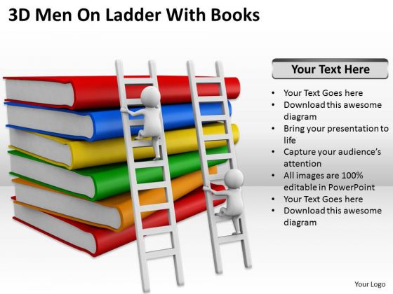 Successful Business People 3d Men On Ladder With Books PowerPoint Templates