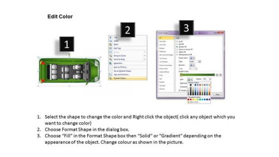 Three Green Minivan Top View PowerPoint Slides And Ppt Diagram Templates