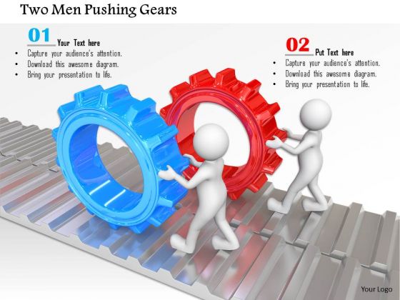 Two Men Pushing Gears PowerPoint Templates