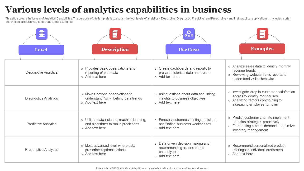 Various Levels Of Analytics Capabilities In Business Ppt Ideas Inspiration PDF