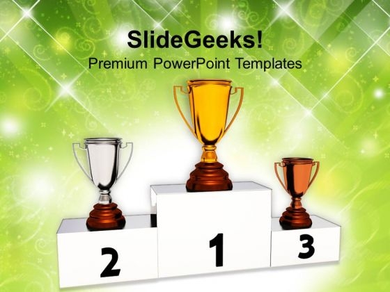 Winners Trophy On Podium Competition PowerPoint Templates Ppt Background For Slides 1112