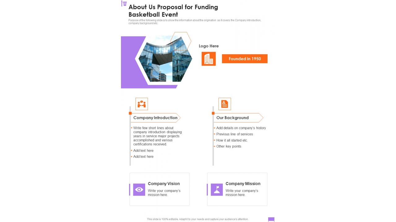 About Us Proposal For Funding Basketball Event One Pager Sample Example Document