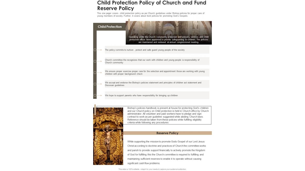 Child Protection Policy Of Church And Fund Reserve Policy One Pager Documents
