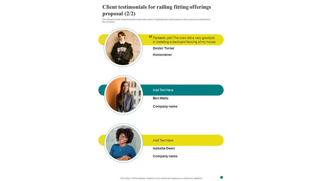 Client Testimonials For Railing Fitting Offerings Proposal One Pager Sample Example Document