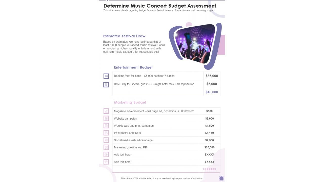 Determine Music Concert Budget Assessment One Pager Sample Example Document
