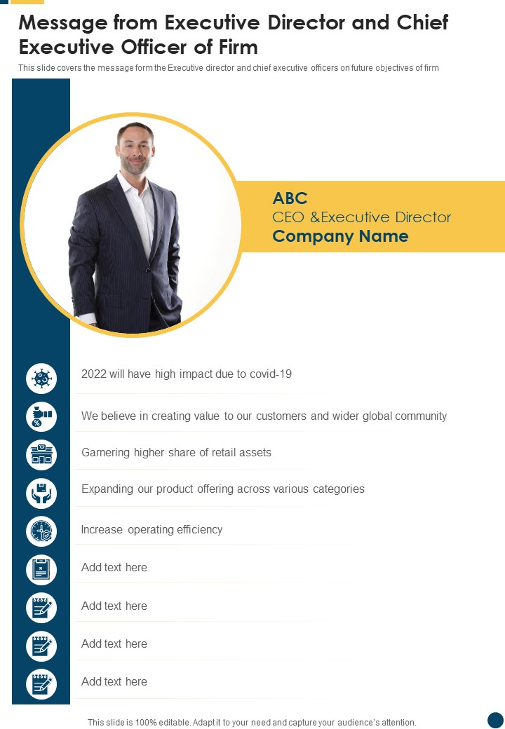 Message From Executive Director And Chief Executive Officer Of Firm One Pager Documents