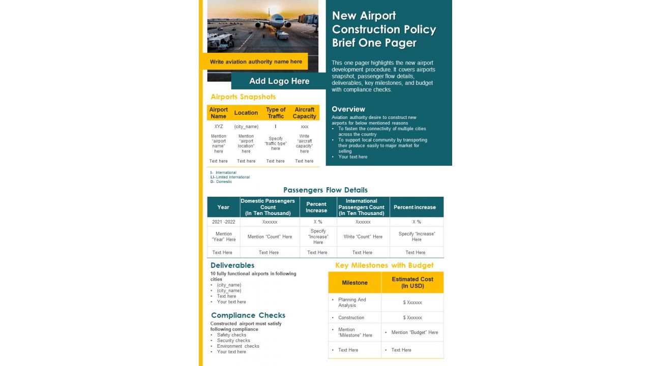 New Airport Construction Policy Brief One Pager PDF Document PPT Template