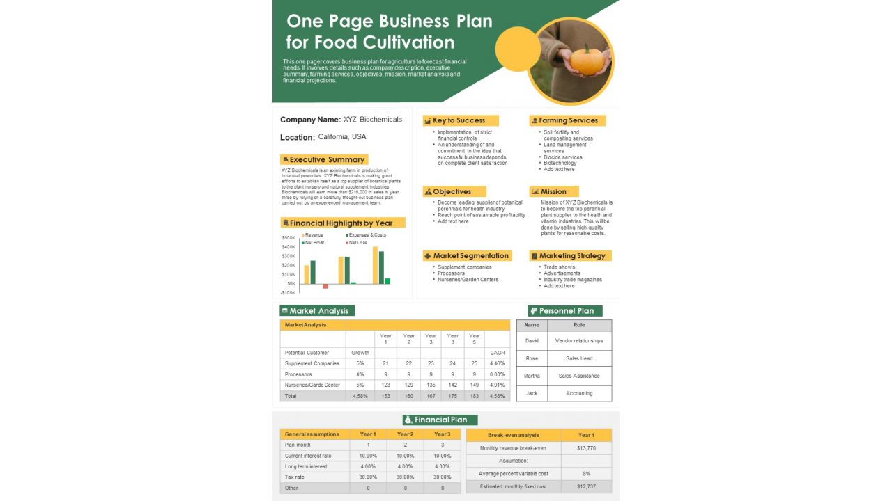 One Page Business Plan For Food Cultivation PDF Document PPT Template