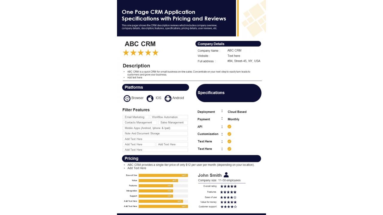 One Page CRM Application Specifications With Pricing And Reviews PDF Document PPT Template