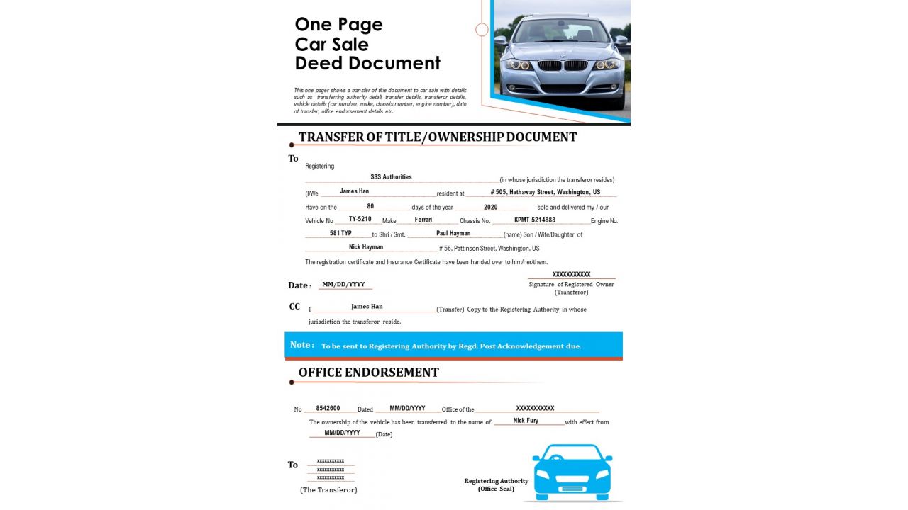 One Page Car Sale Deed Document PDF Document PPT Template
