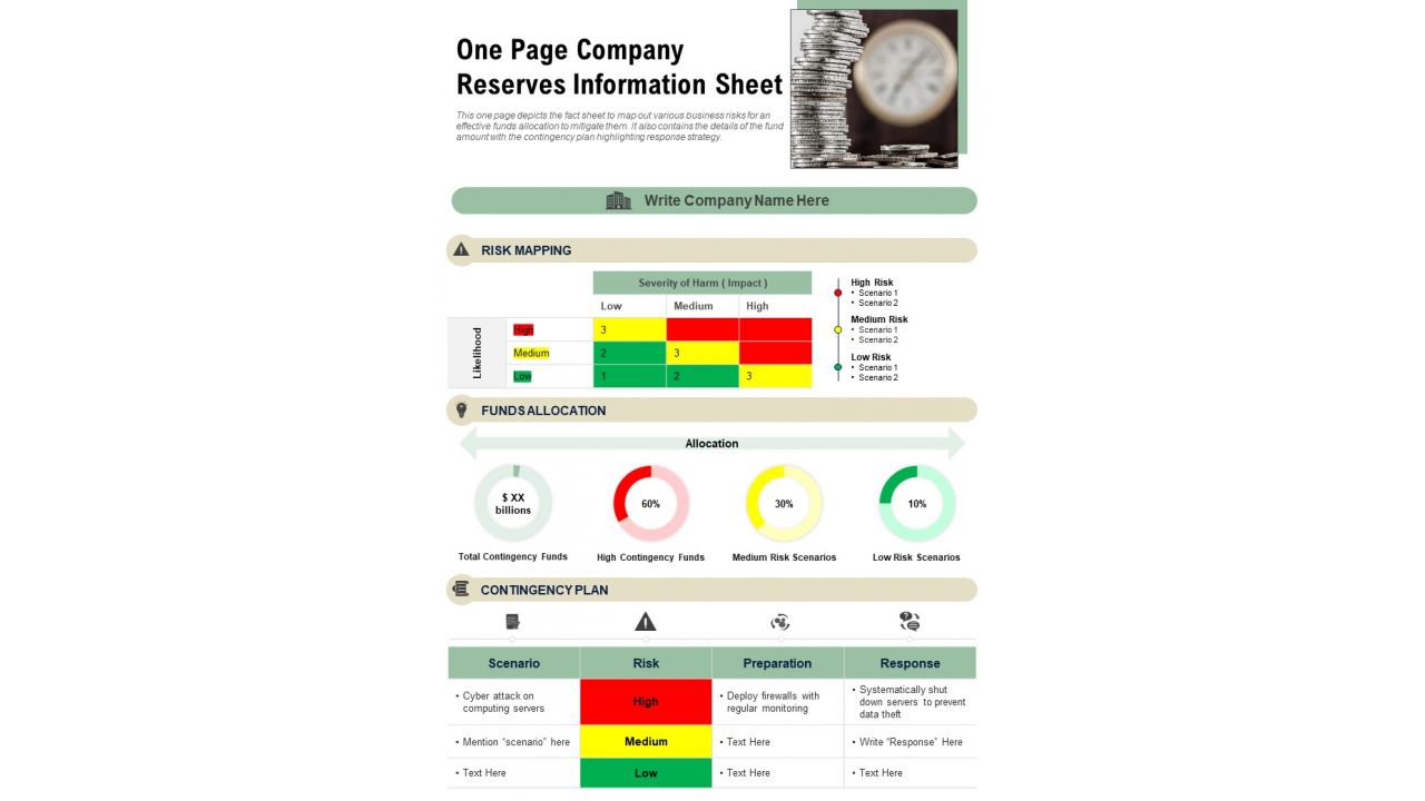 One Page Company Reserves Information Sheet PDF Document PPT Template