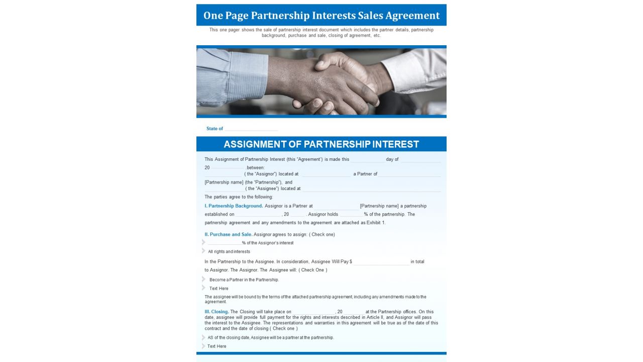 One Page Partnership Interests Sales Agreement PDF Document PPT Template