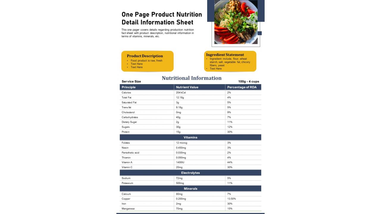 One Page Product Nutrition Detail Information Sheet PDF Document PPT Template