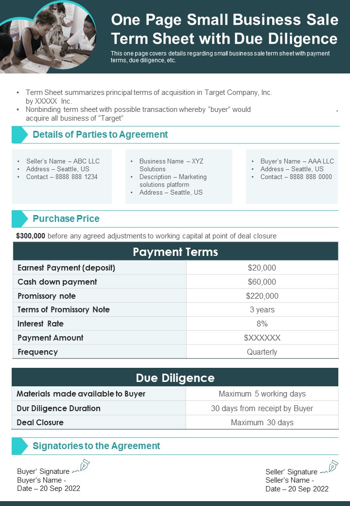 One_Page_Small_Business_Sale_Term_Sheet_With_Due_Diligence_PDF_Document_PPT_Template_Slide_1.jpg