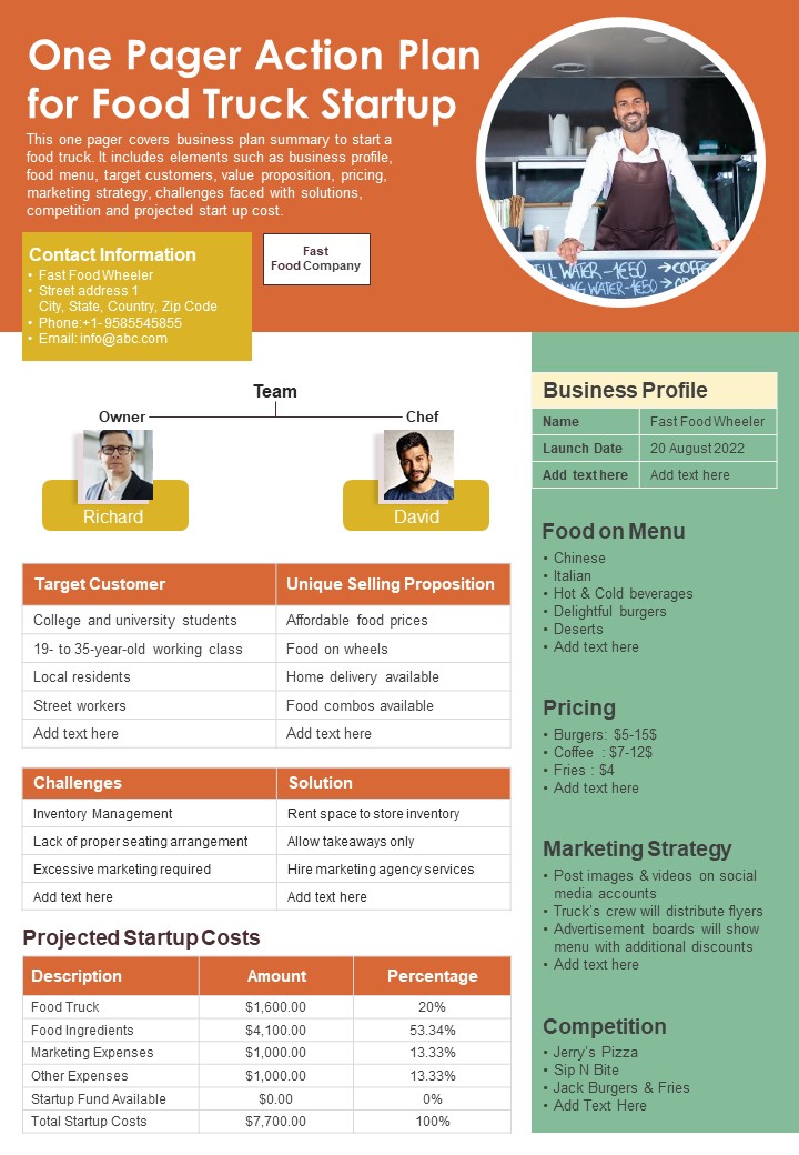One Pager Action Plan For Food Truck Startup PDF Document PPT Template