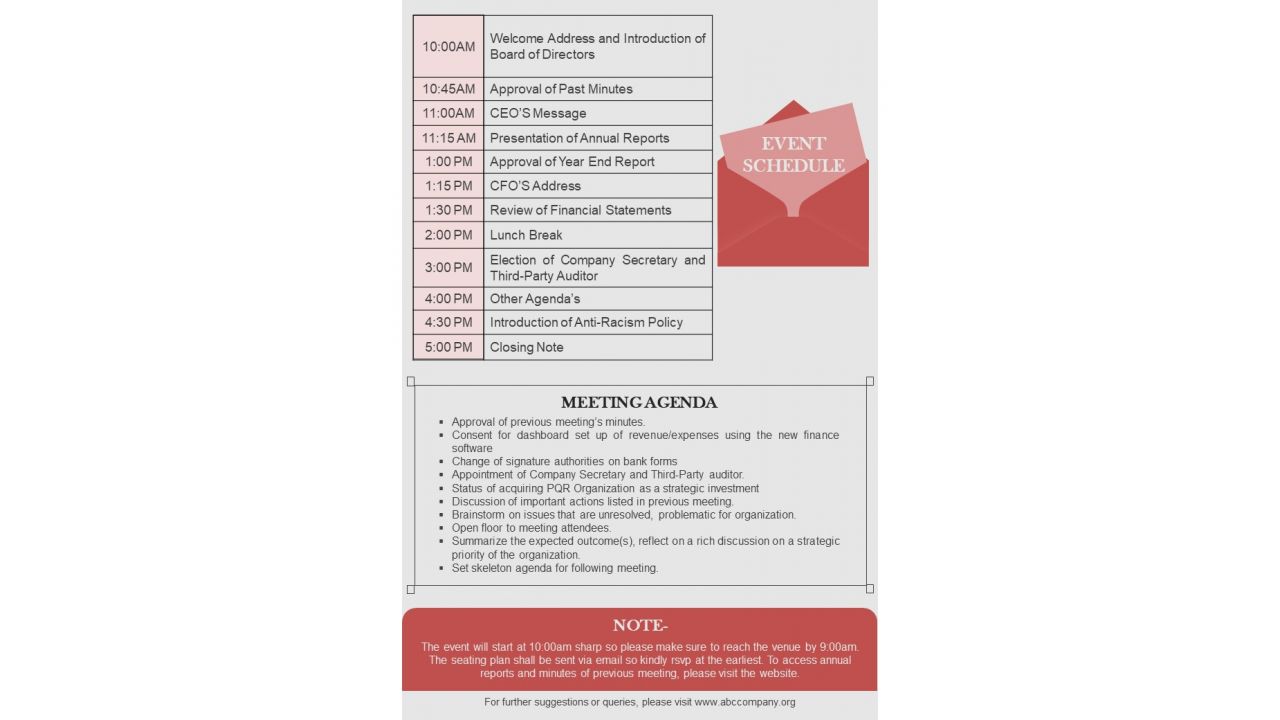 One Pager Agenda For Yearly General Meeting PDF Document PPT Template