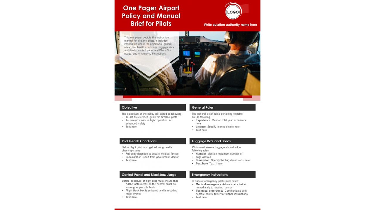 One Pager Airport Policy And Manual Brief For Pilots PDF Document PPT Template