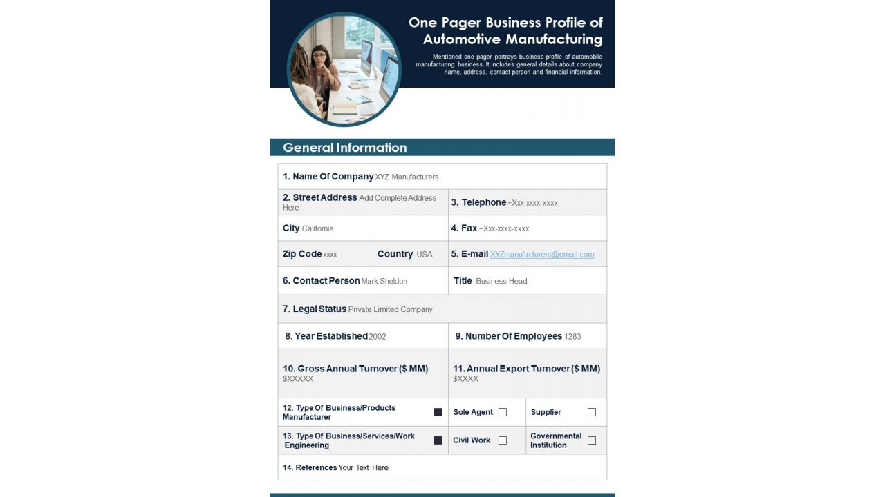 One Pager Business Profile Of Automotive Manufacturing PDF Document PPT Template