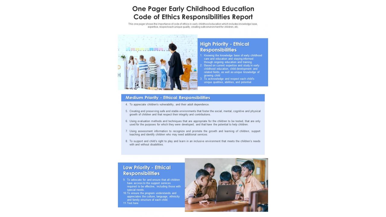 One Pager Early Childhood Education Code Of Ethics Responsibilities Report PDF Document PPT Template