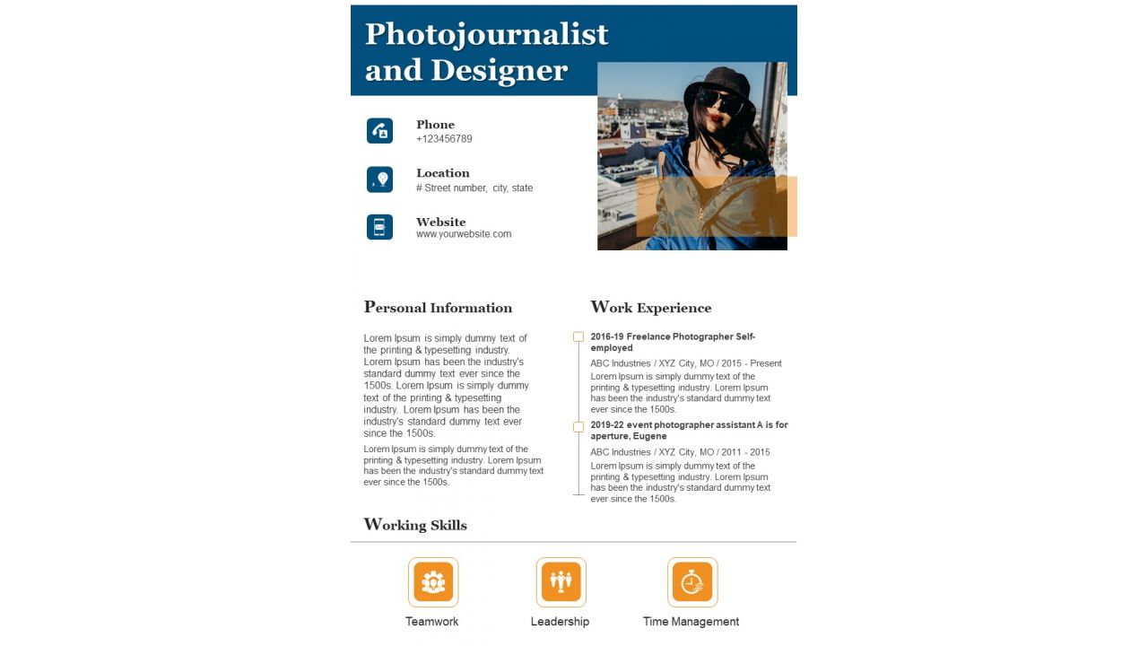 One Pager Professional CV For Freelance Designer And Photojournalist PDF Document PPT Template