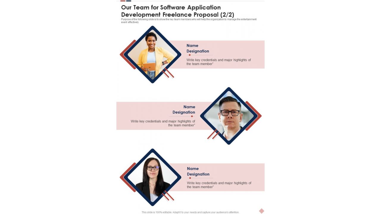 Our Team For Software Application Development Freelance Proposal One Pager Sample Example Document