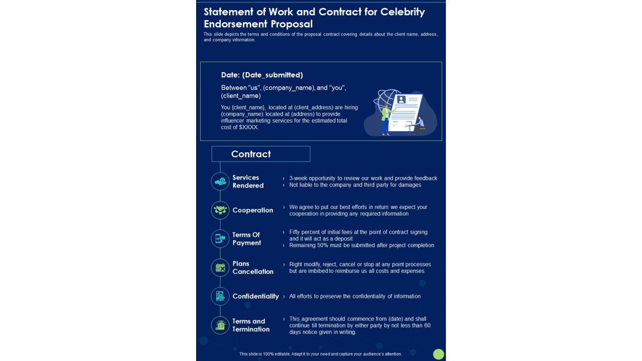 Statement Of Work And Contract For Celebrity Endorsement Proposal One Pager Sample Example Document