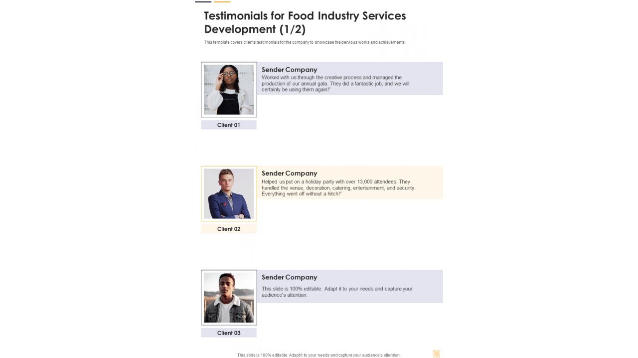 Testimonials For Food Industry Services Development One Pager Sample Example Document
