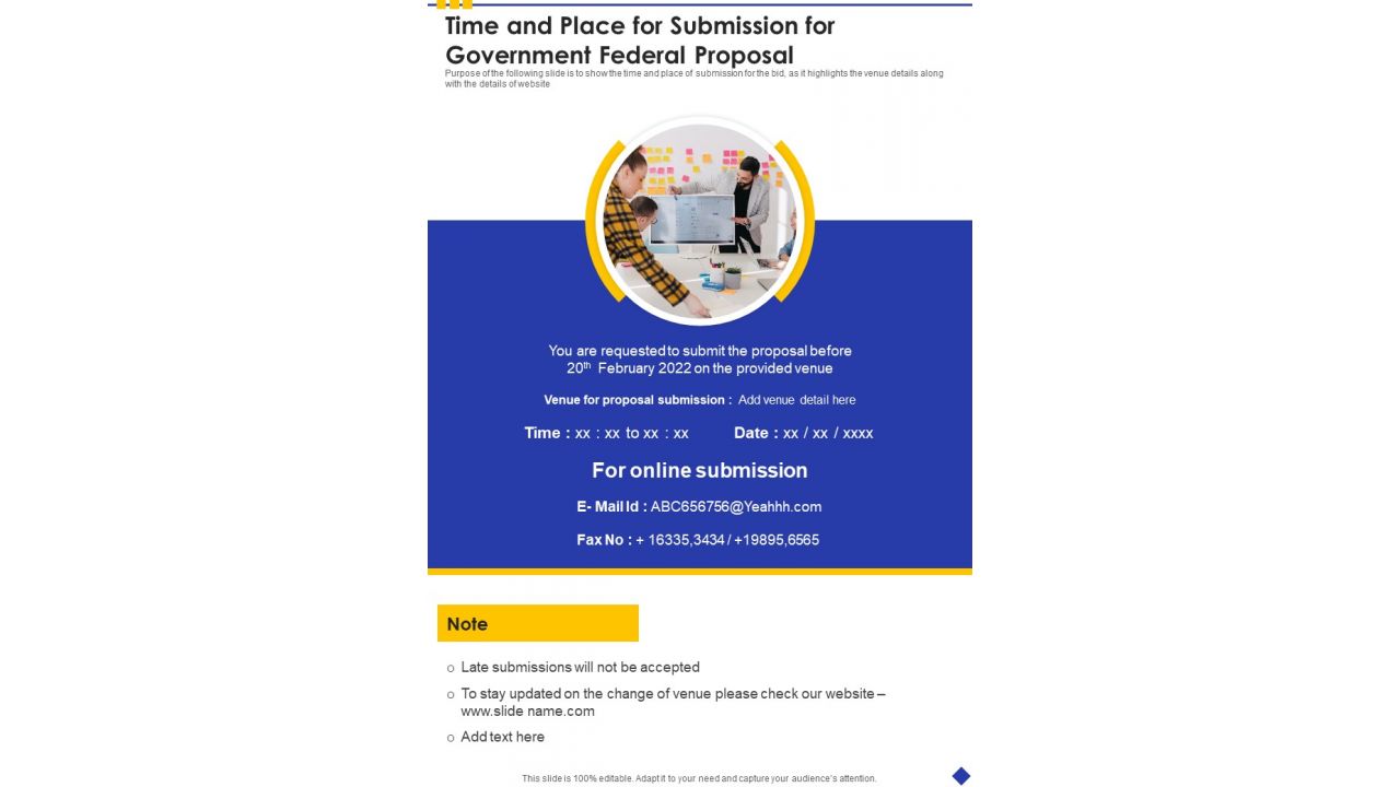 Time And Place For Submission For Government Federal Proposal One Pager Sample Example Document