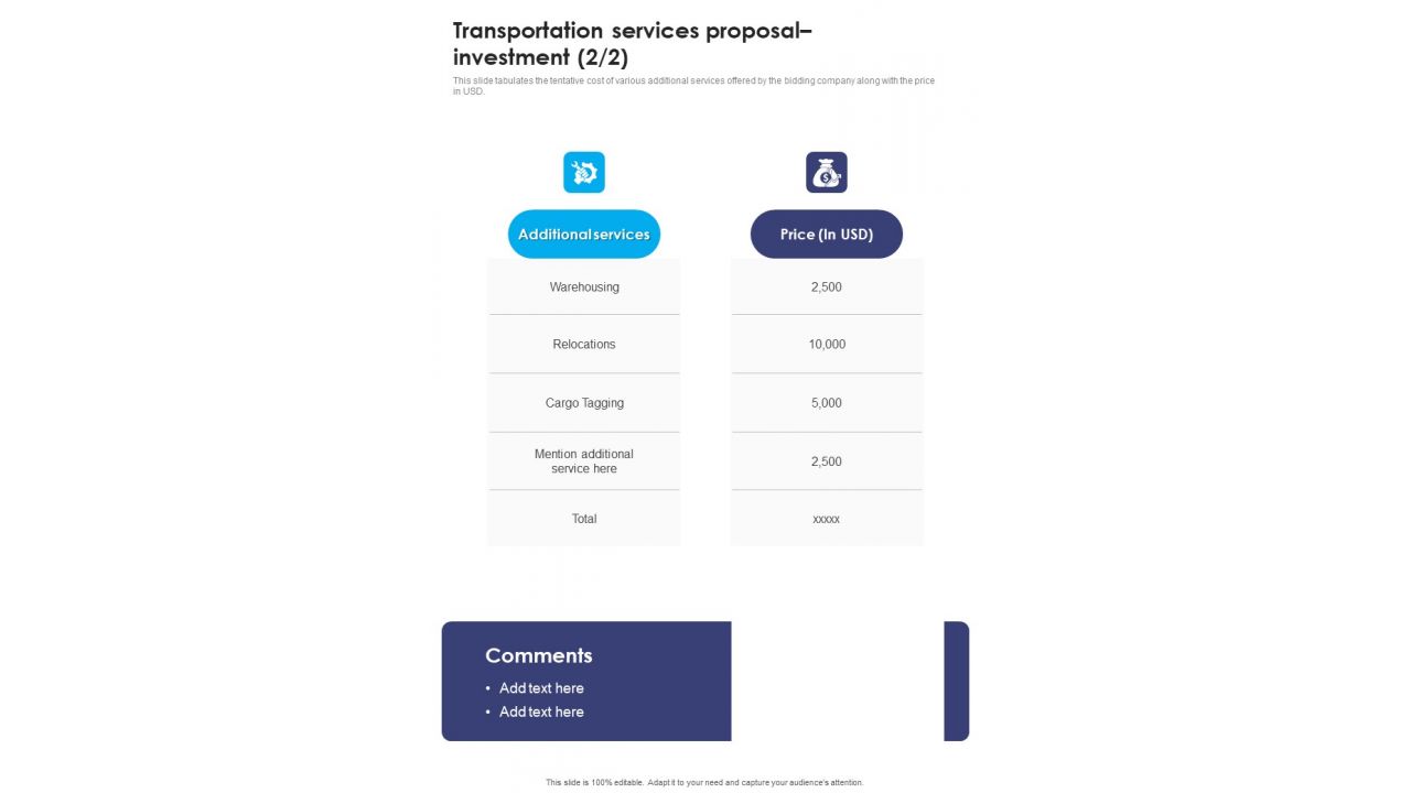 Transportation Services Proposal Investment One Pager Sample Example Document